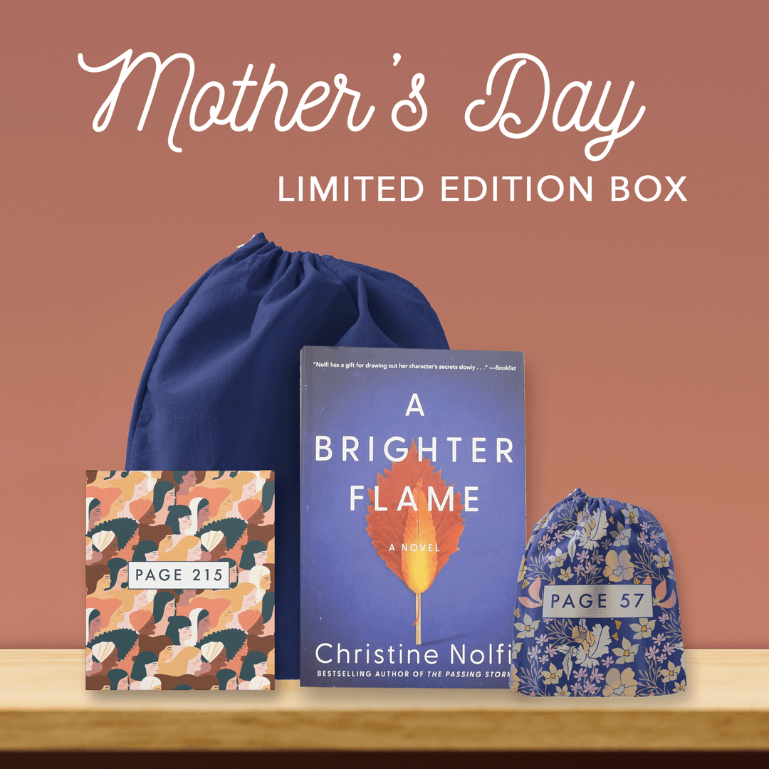 Text - Mother's Day Limited Edition Box. Below the text are a blue drawstring bag, tan box, paperback edition of A Brighter Flame, and blue drawstring bag. The box and bag are labeled with page numbers.