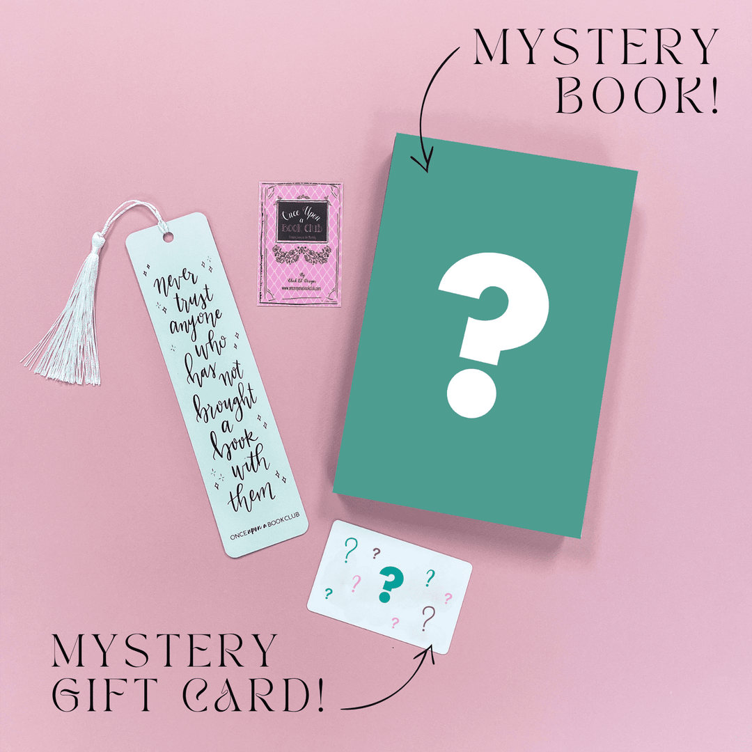 a green box with a question mark on it is next to a pink Once Upon a Book Club box-shaped sticker, a teal bookmark with matching tassel, and a gift card with question marks on it