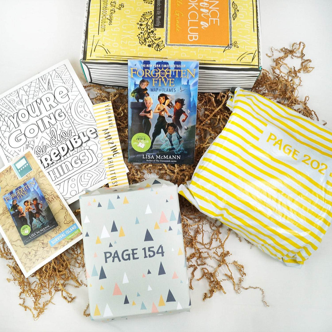 a paperback edition of The Forgotten Five leans against a yellow Once Upon a Book Club box. In front of the book are a book flyer, coloring page, bookmark, gray box with triangles, and a yellow and white striped polybag. The box and bag are labeled with page numbers.