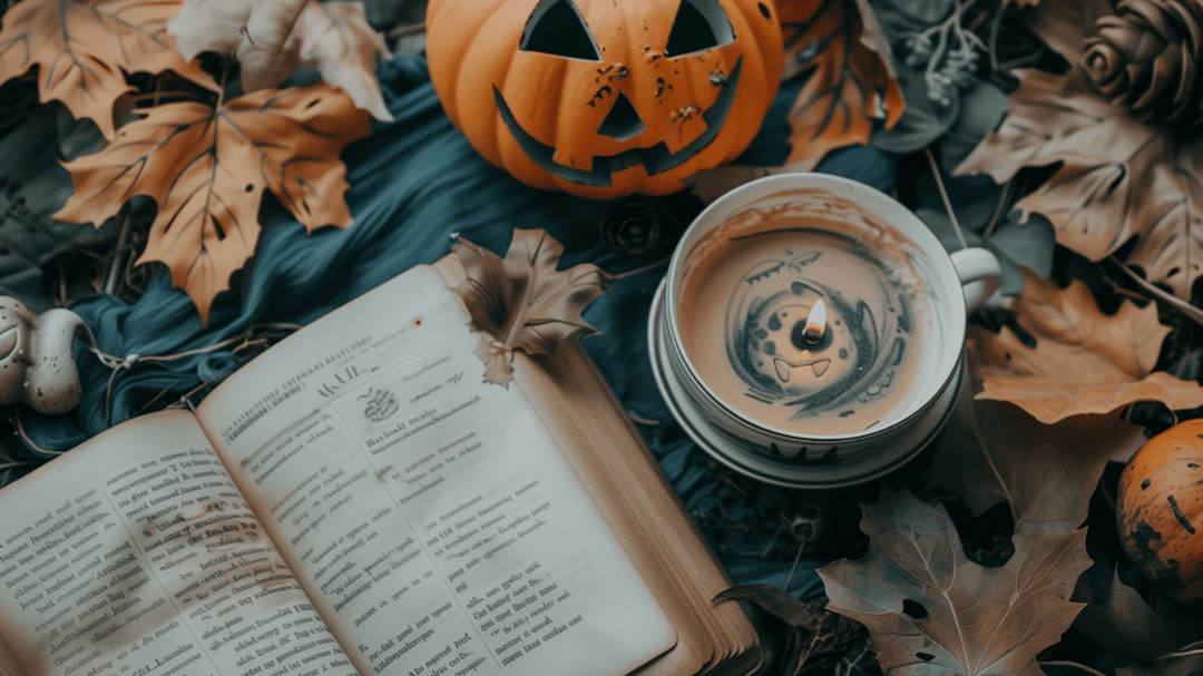 Open book with Halloween latte, jack-o'-lantern, and autumn leaves