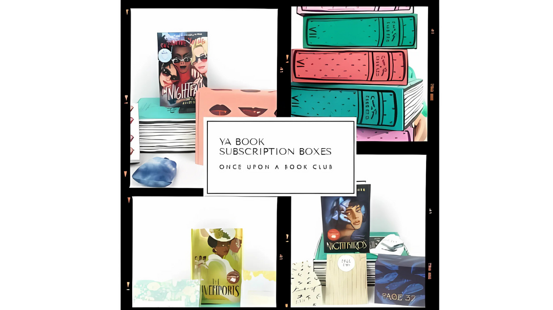 A collage showcasing YA book subscription boxes with vibrant covers, themed packaging, and included gifts from Once Upon a Book Club.