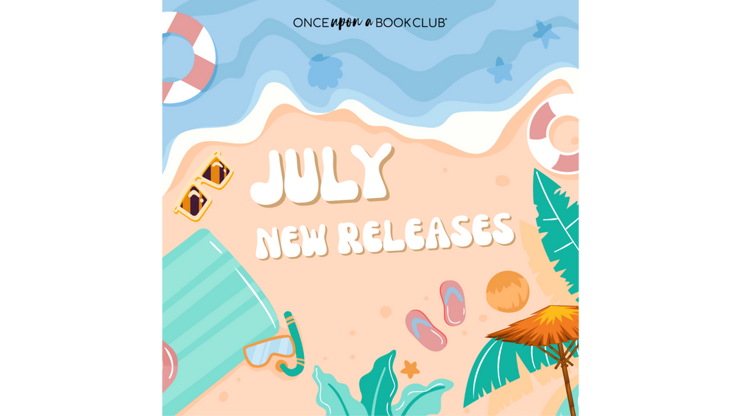 Illustrated beach scene with the words “July New Releases” in large white letters surrounded by beach items like sunglasses, snorkel, and palm trees.