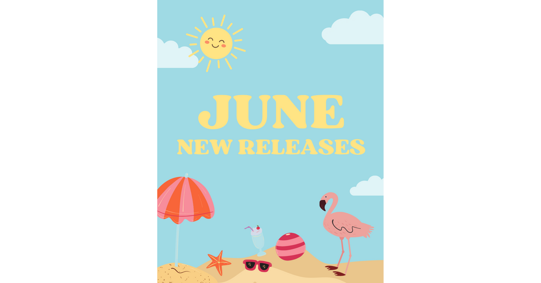 A playful summer-themed graphic featuring the words “June New Releases” with beach illustrations including a flamingo, beach ball, umbrella, sunglasses, and smiling sun.