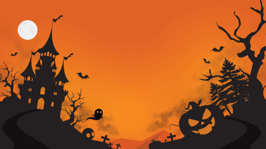 A haunted house silhouette under full moon with bats, pumpkins, and trees on an eerie orange Halloween sky background.