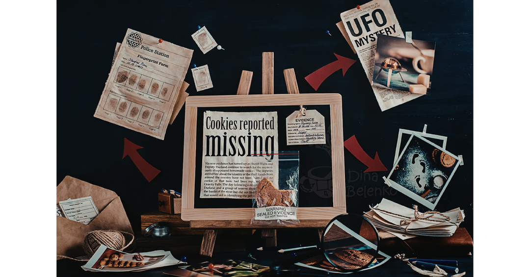 Cozy mystery investigation board with newspaper clippings, photos, notes, and red arrows surrounding a “Cookies reported missing” headline.
