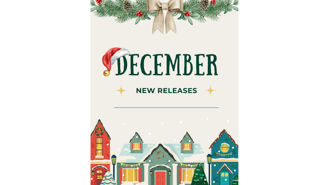 Festive December New Releases graphic with holiday greenery, a bow, and illustrated snowy houses.