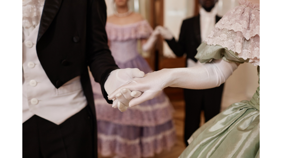 Regency-style ballroom scene showing a gloved couple holding hands mid-dance, inspired by Bridgerton aesthetics.