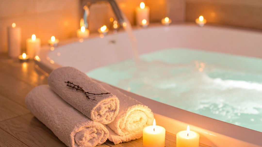 Relaxing bath setup with candles, folded towels, and a filled bathtub creating a spa-like atmosphere.