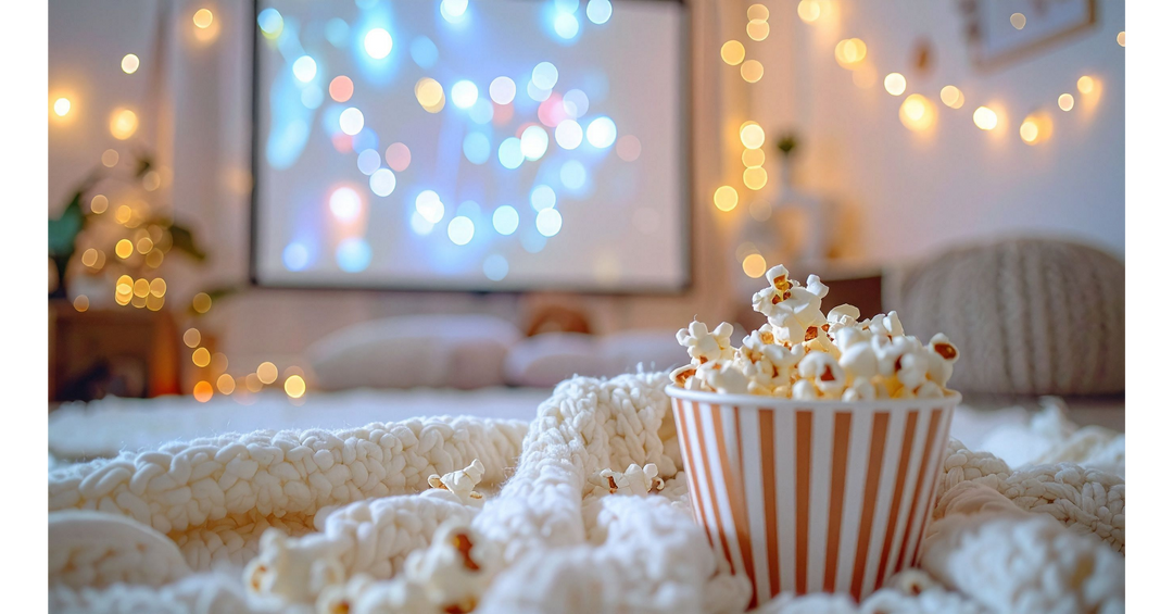 Striped bowl of popcorn resting on a chunky cream blanket with softly blurred lights in the background.