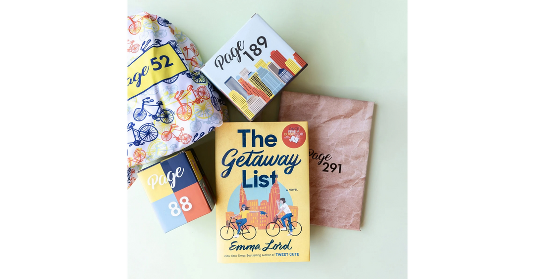 The Getaway List by Emma Lord surrounded by four wrapped OUABC gifts labeled with page numbers.