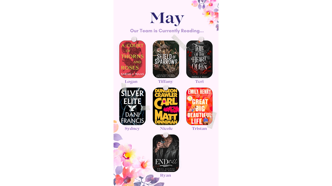 A graphic showing the OUABC team’s May reading list with seven book covers, each labeled with the team member’s name.