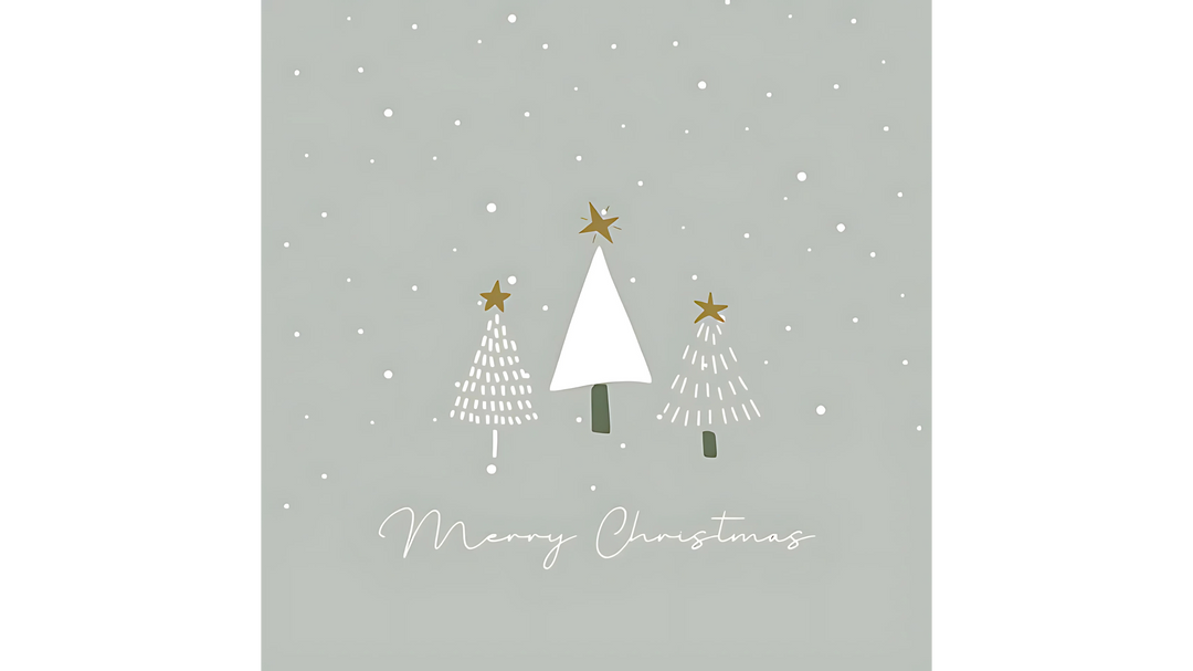 Minimalist Merry Christmas card with three simple Christmas trees and falling snow on a light gray background.