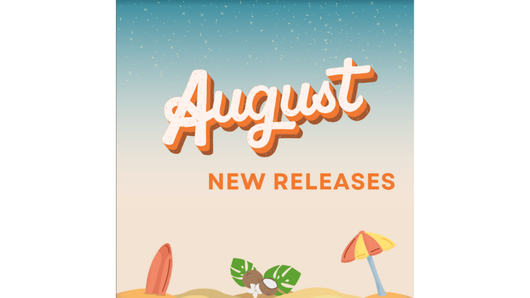 August new book releases featuring a summer beach scene with 'August' in large letters and 'new releases' below it.