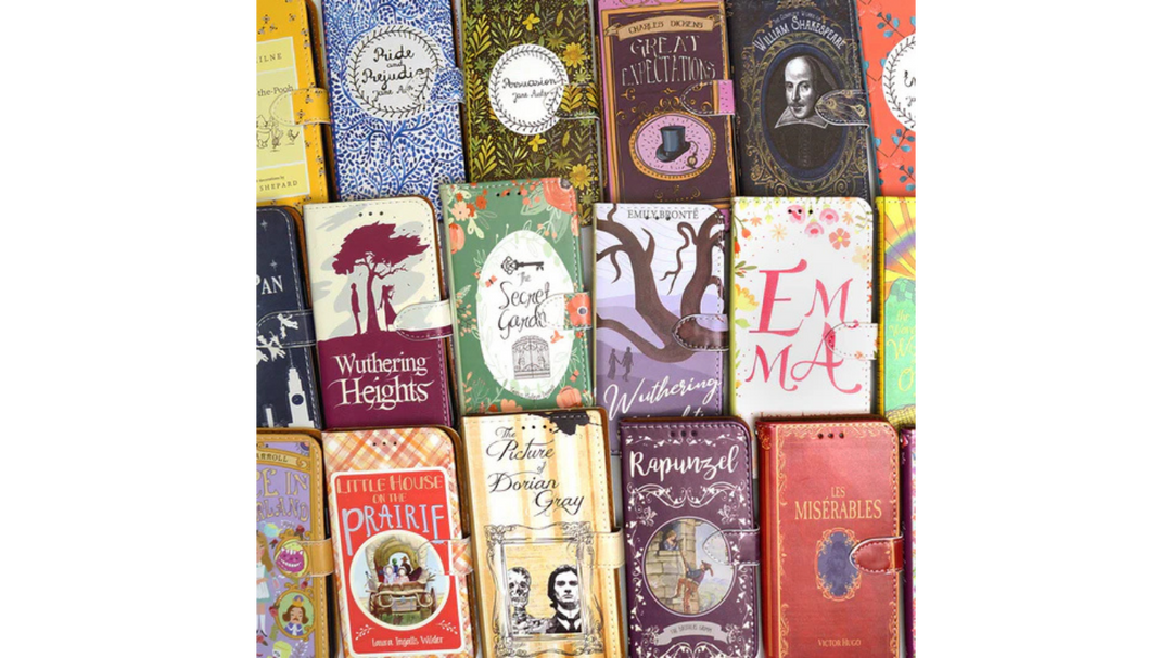Collection of colourful literary-themed phone cases featuring classic book covers like Pride and Prejudice, Emma, and Great Expectations.