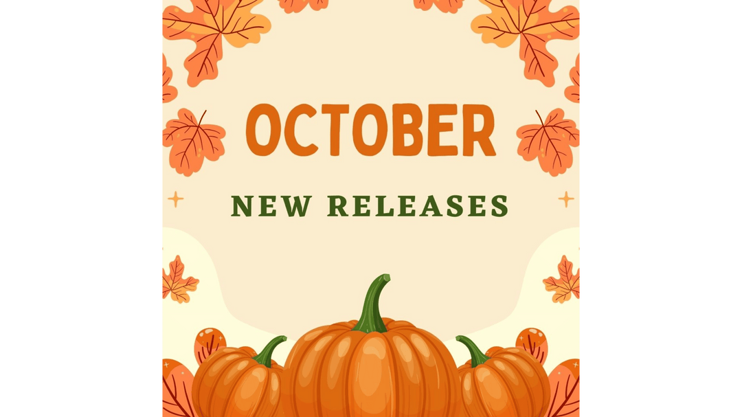  October New Releases written in bold orange and green text, surrounded by autumn leaves and pumpkins on a cream background.