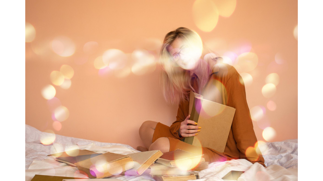Woman with glasses reading amidst glowing lights and scattered books.
