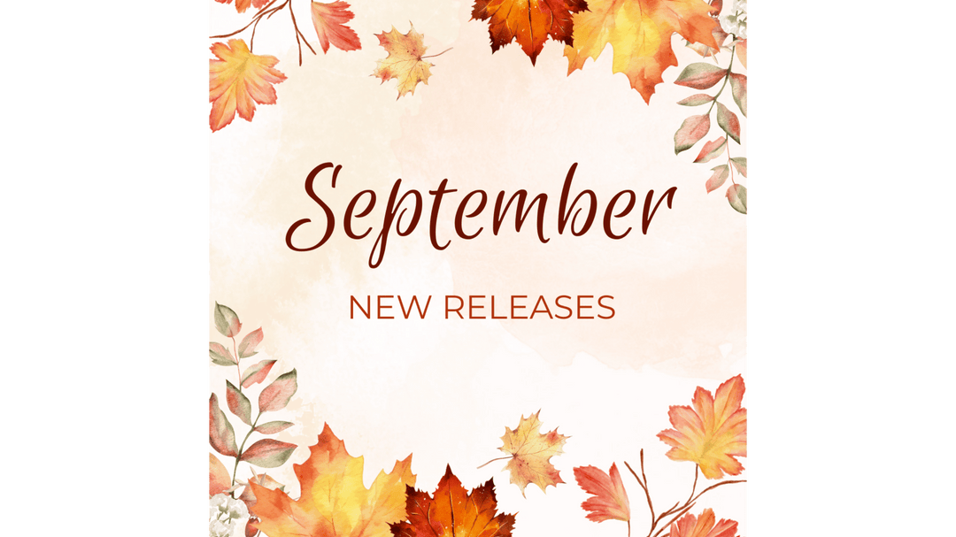 Text reads 'September New Releases' surrounded by watercolor autumn leaves in red, orange, and gold on a light background.
