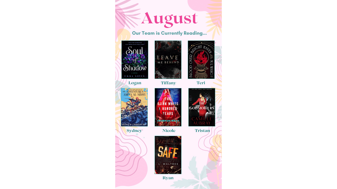 Covers of eight books the OUABC team is reading in August, including Soul of Shadow and The Djinn Waits a Hundred Years.