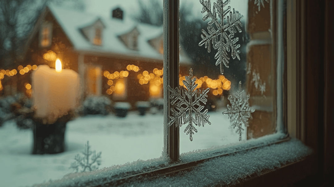 Snowy window with frosted snowflakes and a candle glowing indoors, with a decorated house in the background.