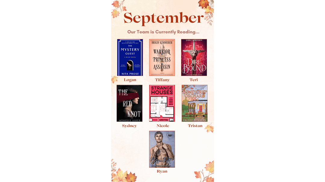  Flat lay of 8 current reads by the OUABC team, featuring titles like The Mystery Guest and Kiss Fist on a pastel background.