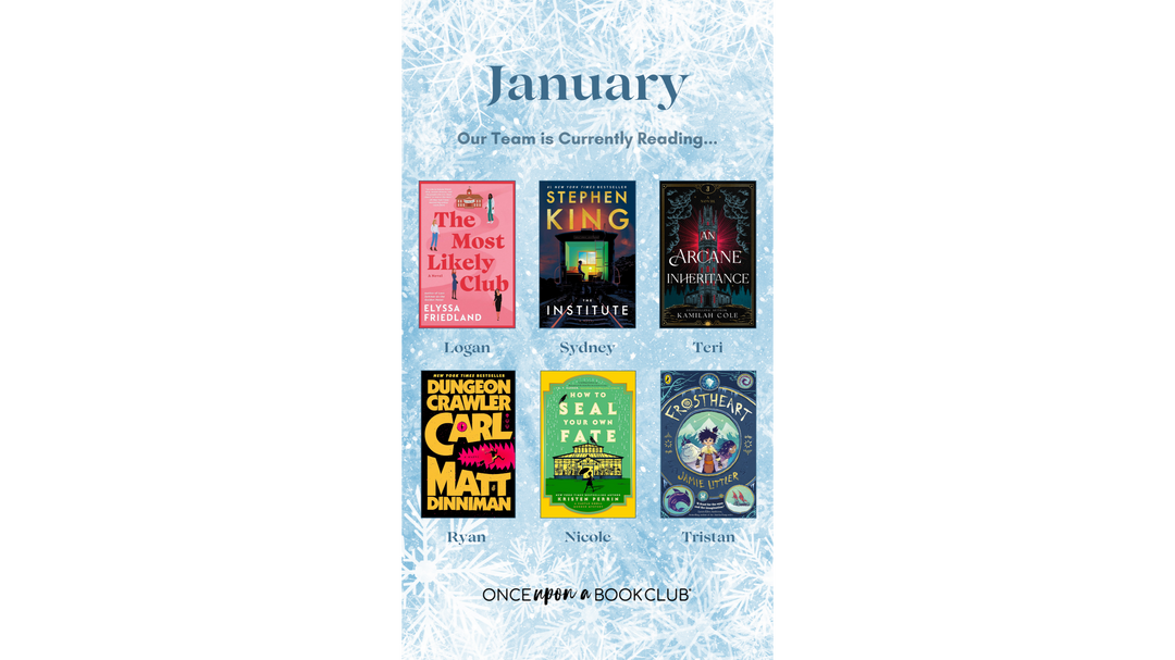 January graphic showing the OUABC team’s current reads, featuring six book covers on a frosty blue background.