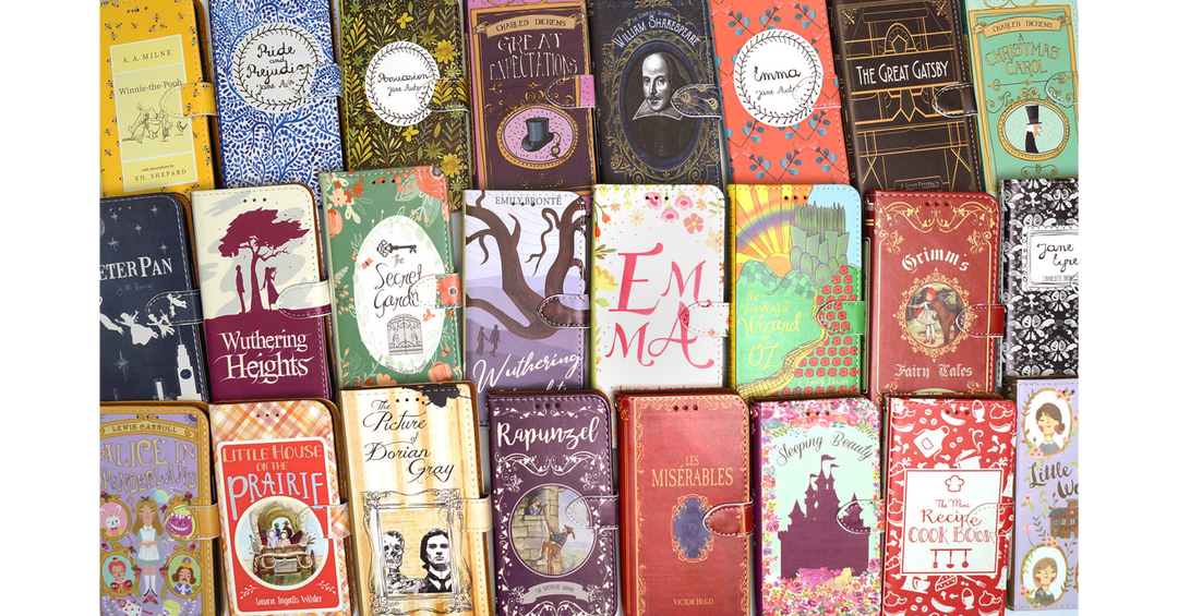 Collection of colourful literary-themed phone cases featuring classic book covers like Pride and Prejudice, Emma, and Great Expectations.