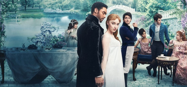 The Bridgerton cast in a serene garden setting, with Simon and Daphne in the foreground, surrounded by other key characters from the series.