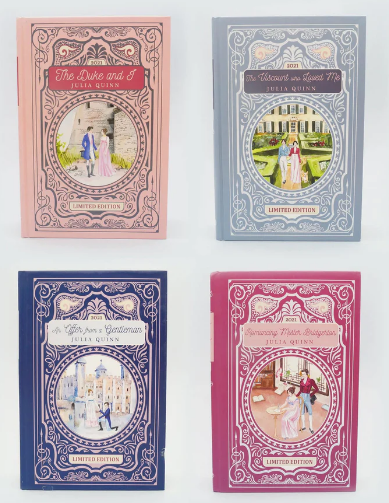 Limited edition covers of "Bridgerton" books 1-4 by Julia Quinn: "The Duke and I," "The Viscount Who Loved Me," "An Offer from a Gentleman," "Romancing Mister Bridgerton."