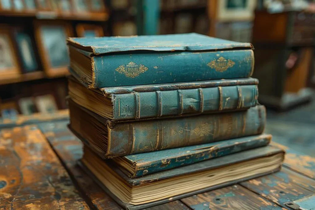 A stack of old, weathered books with green covers on a rustic wooden table in a cozy, antique-filled room