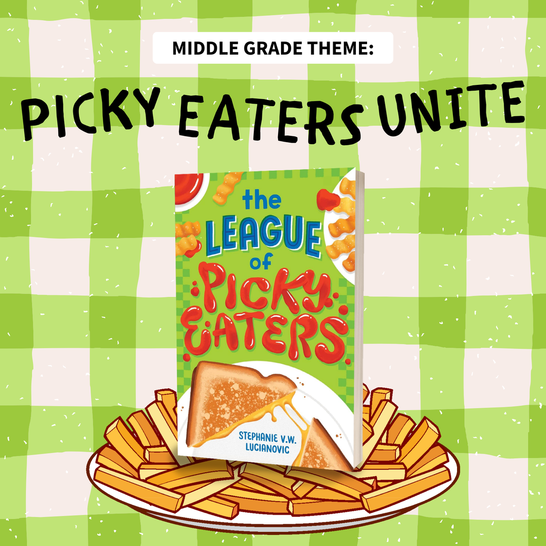 Above the plate of anime fries, the book 'The League of Picky Eaters' by Stephanie V.W. Lucianovic is displayed against a green and white mosaic background.