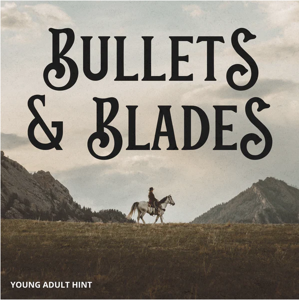 The cover page of a young adult book, 'Bullets and Blades,' features a man on horseback amidst the mountains.