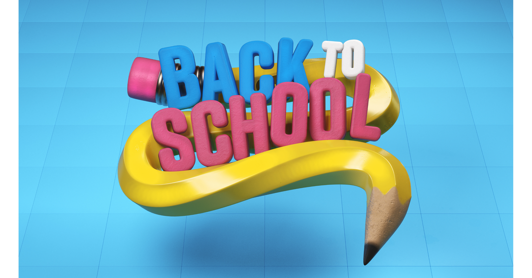 A colorful 3D "Back to School" graphic featuring a pencil and bold lettering on a bright blue background