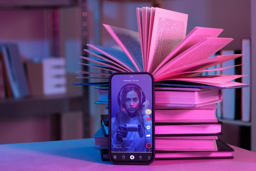 A smartphone displaying a video call app with an open book in the background, illuminated by purple and pink lights.