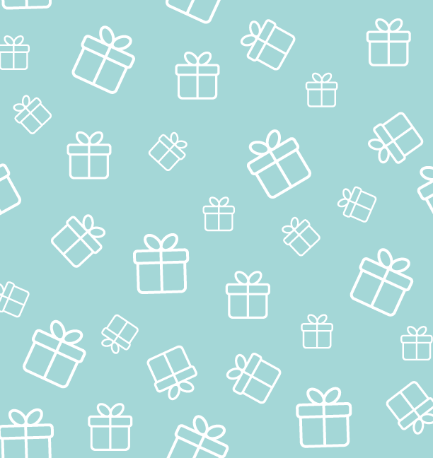 a blue background with a pattern of white outlined presents across it.
