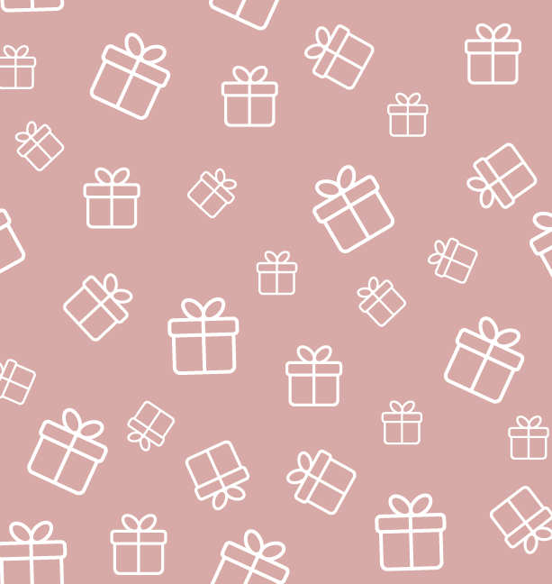 a red background with a pattern of white outlined presents across it.