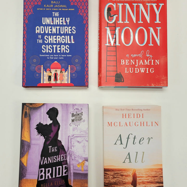 A hardcover edition of The Unlikely Adventures of the Shergill Sisters, a hardcover edition of Ginny Moon, a hardcover edition of The Vanished Bride, and a paperback edition of After All