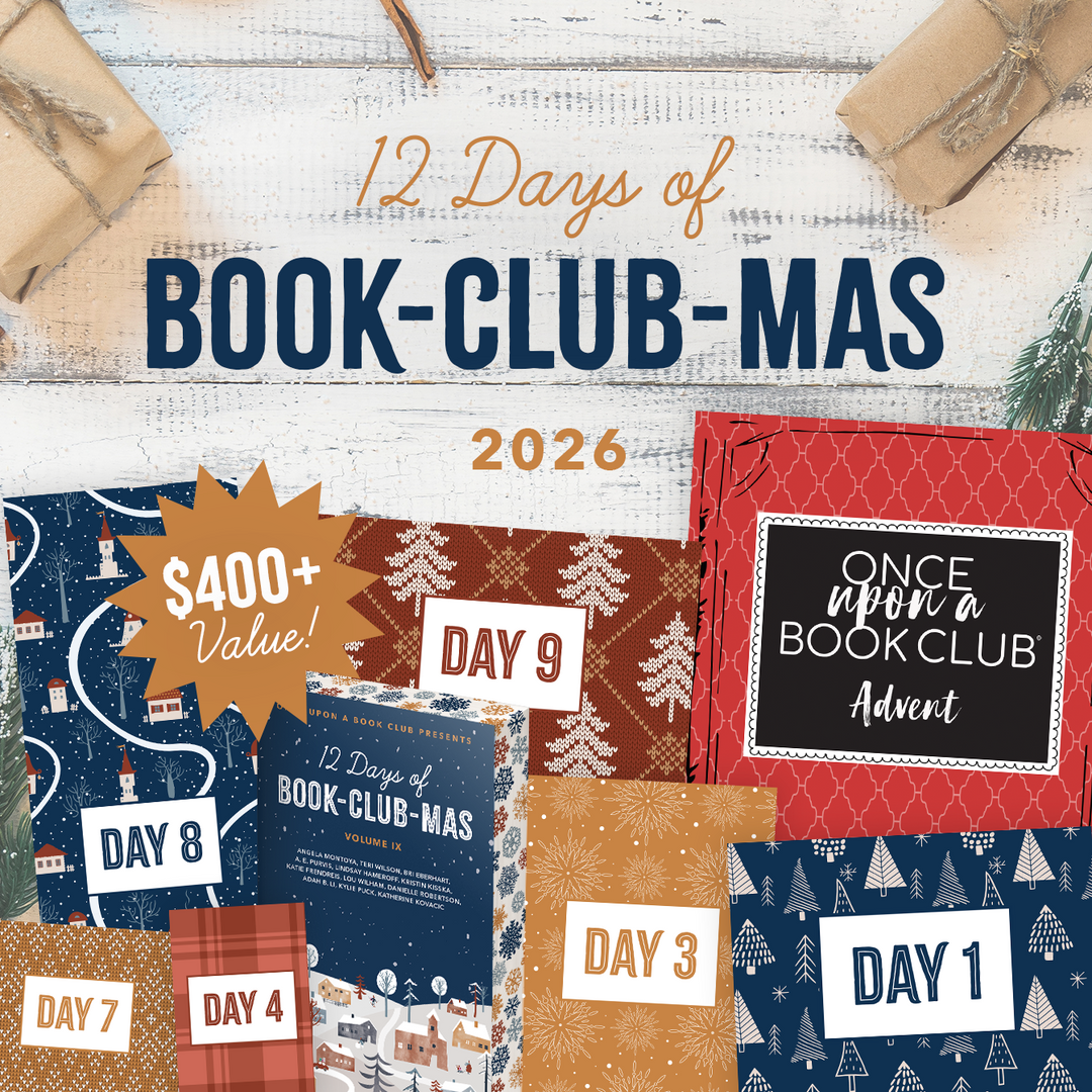 Promotional graphic for a 12 Days of Book-Club-Mas 2026 book club advent set, showing the full 12 Days Volume IX anthology displayed sprayed edges with a snowflake pattern and multiple wrapped gift packages arranged on a whitewashed wood background with wrapped gifts and pine branches.