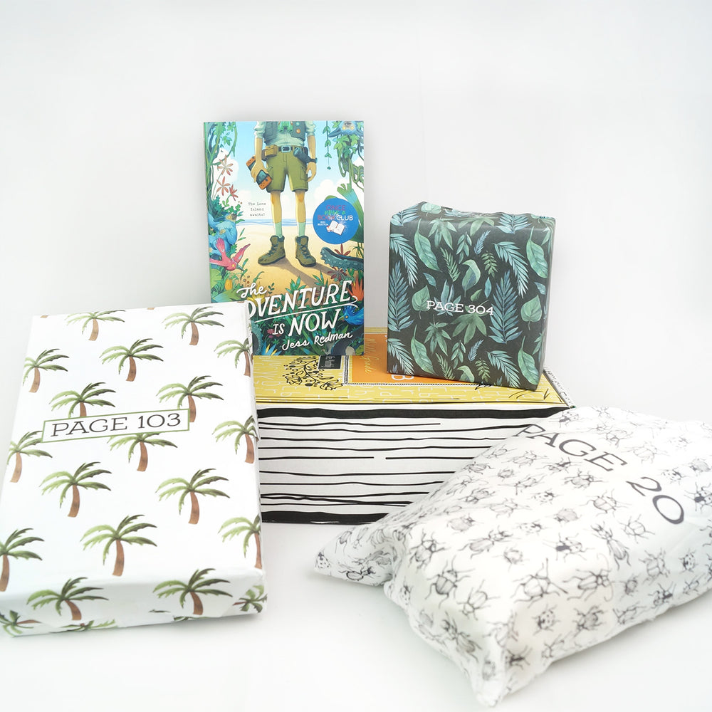 A paperback copy of The Adventure is Now sits on a yellow box next to a green square box. In front are a white box with palm trees on it and a white drawstring bag with a bug pattern on it. The boxes and bags all have page numbers.