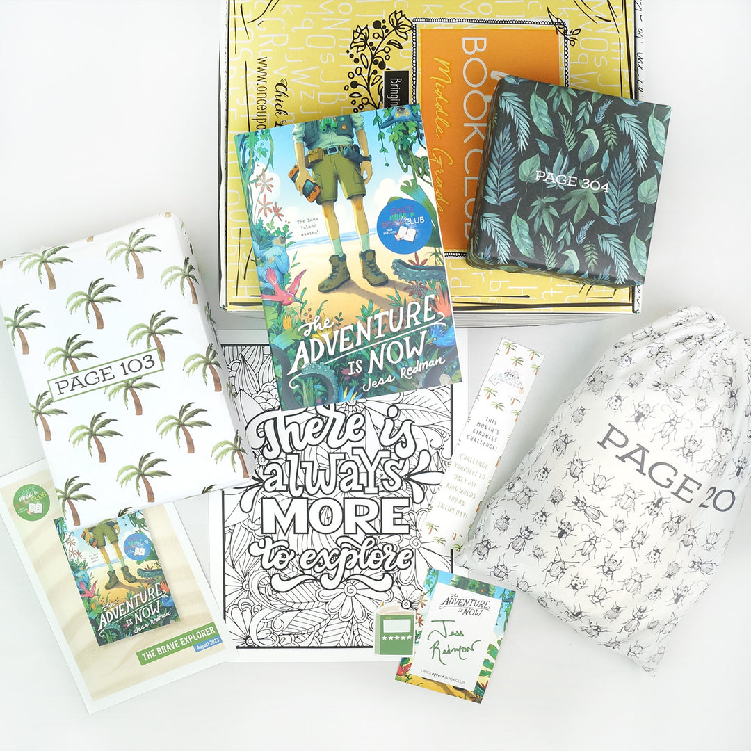 A paperback copy of The Adventure is Now lays on a yellow box next to a small green square box. In front are a book flyer, coloring page, bookmark, book sticker, signature card, white box with palm trees on it, and white drawstring bag with a pattern of bugs on it. The boxes and bags all have page numbers.