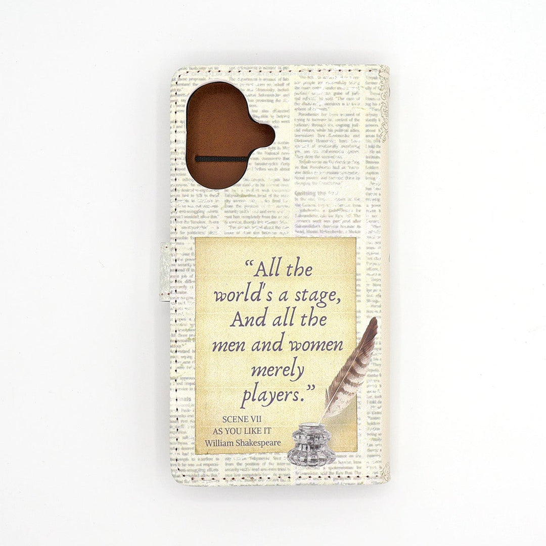 Phone case with Shakespeare quote and feather design on a white background