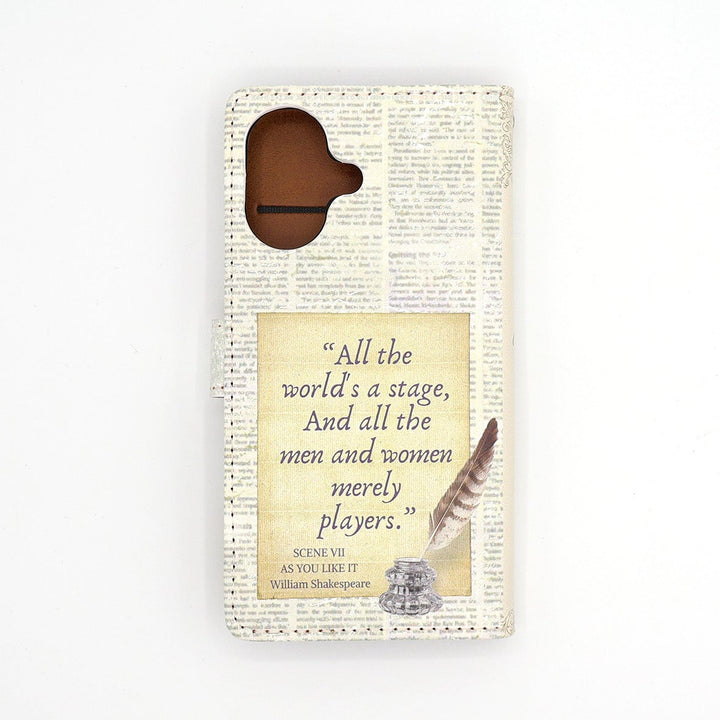 Phone case with Shakespeare quote and feather design on a white background