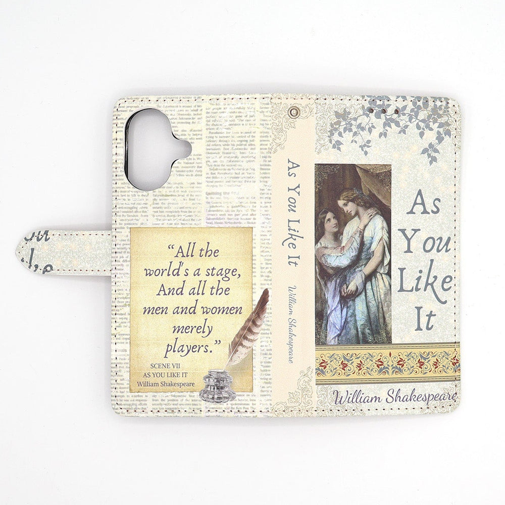 Phone case with 'As You Like It' quote and illustration on a white background