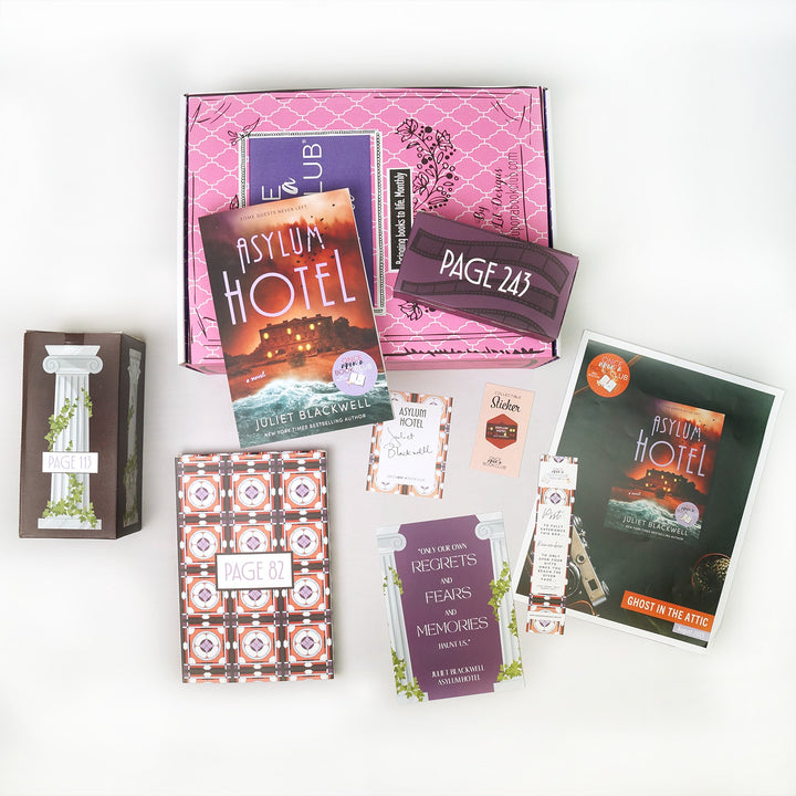 A paperback copy of Asylum Hotel by Juliet Blackwell surrounded by wrapped gifts labeled with page numbers and paper items.