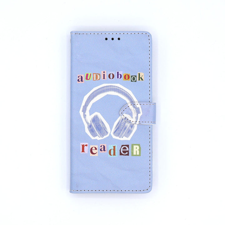 Light blue phone case with headphones and 'audiobook reader' text on a white background