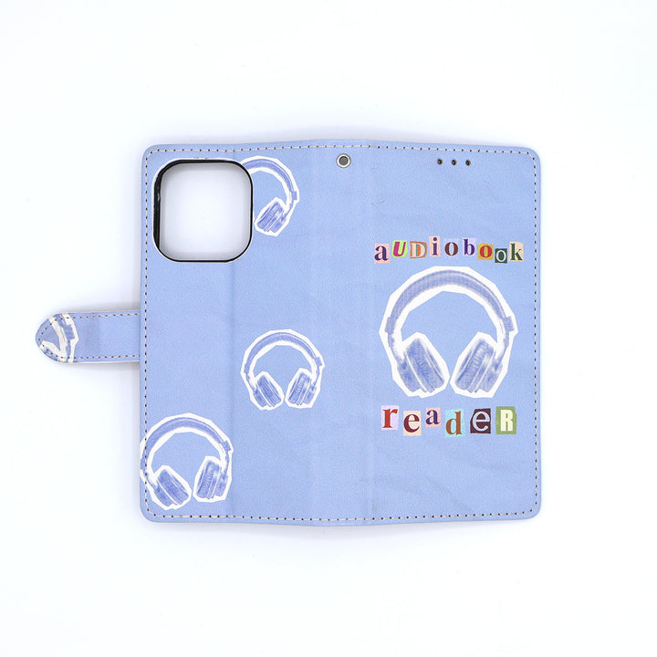 Light blue phone case with audiobook reader design on a white background