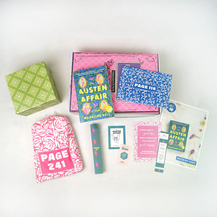 A paperback copy of The Austen Affair by Madeline Bell surrounded by wrapped gifts labeled with page numbers and paper items.