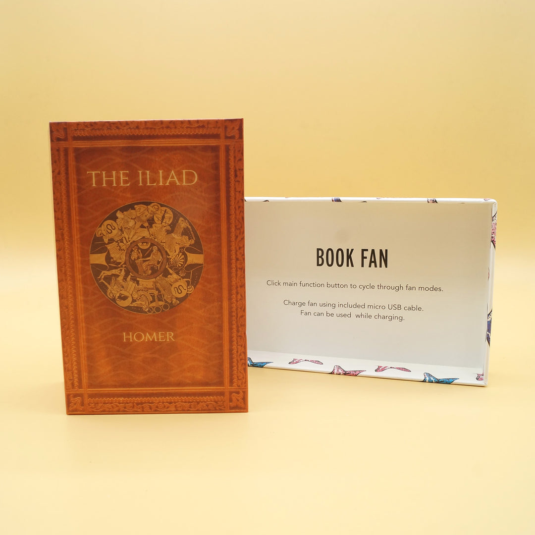 a fan shaped like the book The Iliad sits against a yellow background next to a white rectangular box that says "Book Fan"