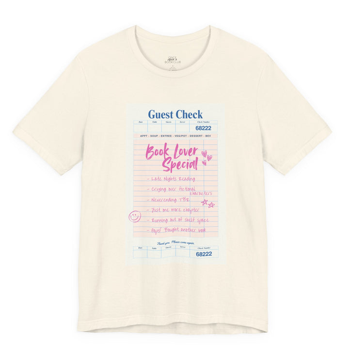 a cream t-shirt with a printed 'Book Lover Special' Guest Check design on a white background