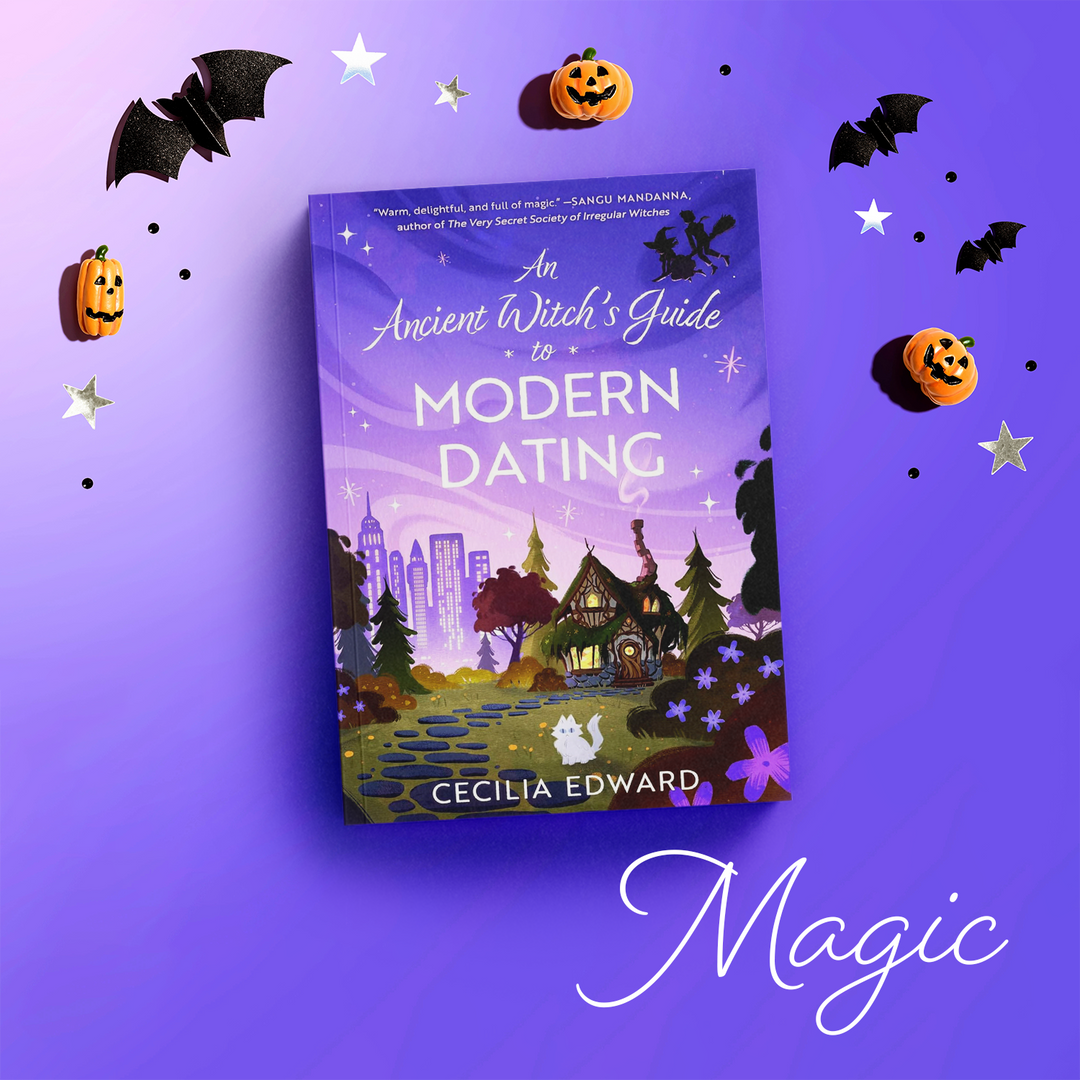 Book titled 'An Ancient Witch's Guide to Modern Dating' by Cecilia Edward on a purple background with Halloween elements.