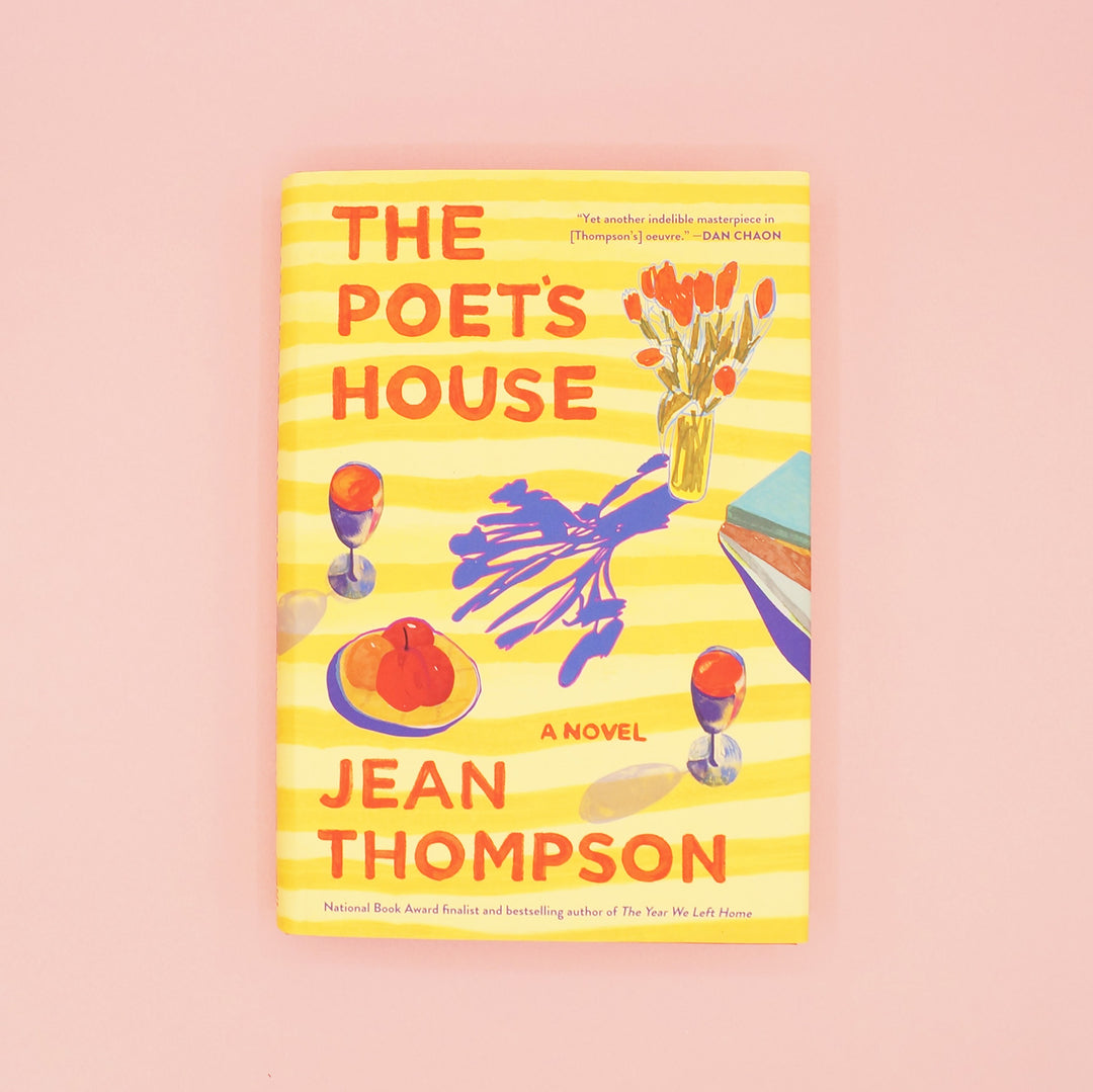 A hardcover copy of The Poet's House by Jean Thompson on a pink background.